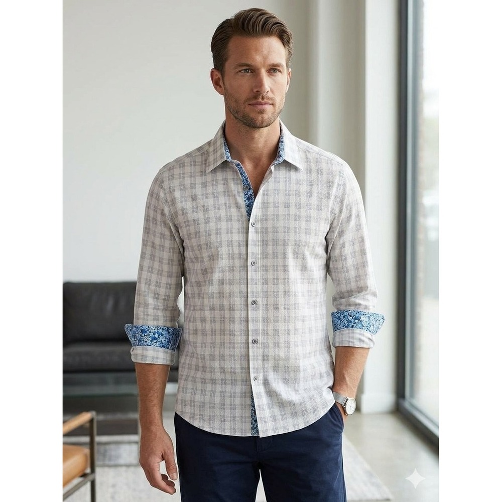 Robert Graham Mens XL Classic Fit Plaid Button Down Shirt Blue Floral Contrast